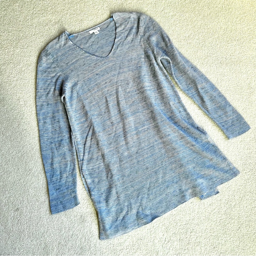 PURE JILL Small Cotton Linen Blend Sweater Tunic V Neck Light Blue Slub Knit